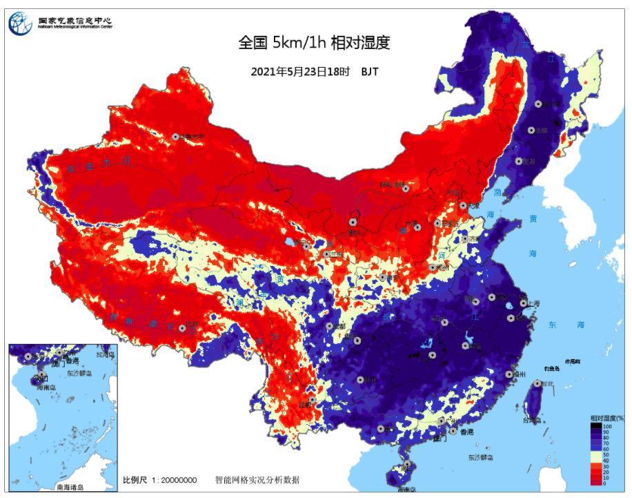 全國相對溼度的地圖,可以看得出來,沿海城市,人口密集度高的長三角,珠