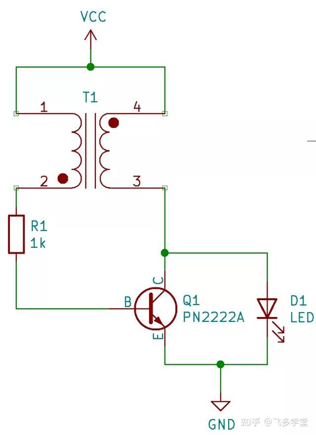 典型的焦耳小偷电路如下:注意图中 t1 上的两个小圆点表示变压器的