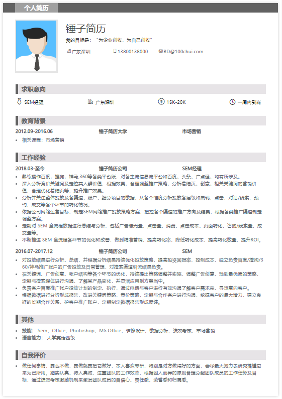 sem经理简历模板在线简历案例锤子简历