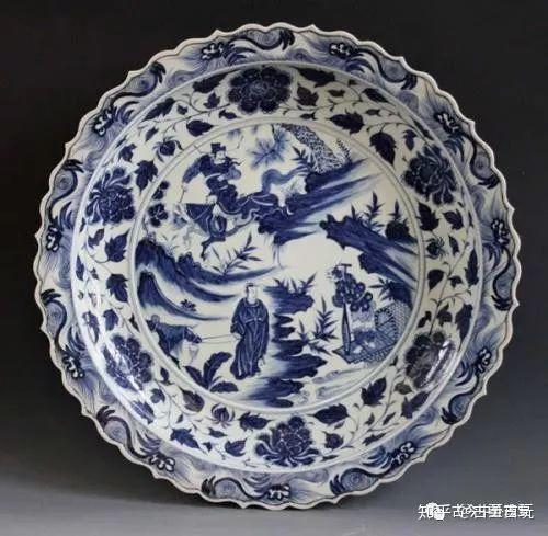 旧蔵 磁器 元代 青花捏花 蕭何月下追韓信紋折沿大碗 唐磁 古