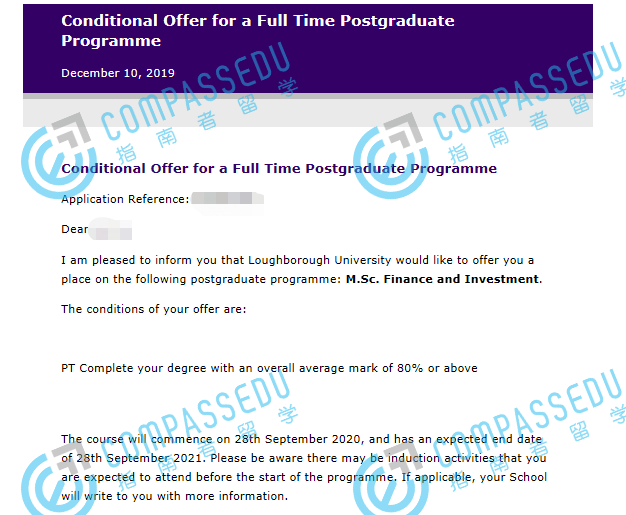 拉夫堡大学金融与投资理学硕士研究生offer一枚