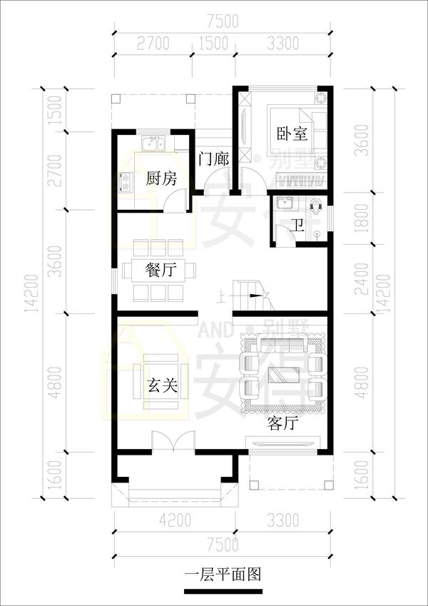 平面图如下:两层通高客厅,入户玄关可作堂屋;五房两厅,南面大阳台大