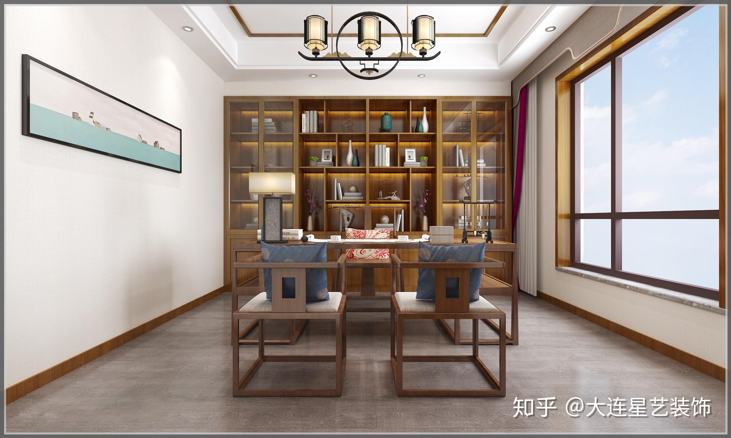 中庚当代艺术新中式风格——书房书房设计这间书房的书柜多个格子的