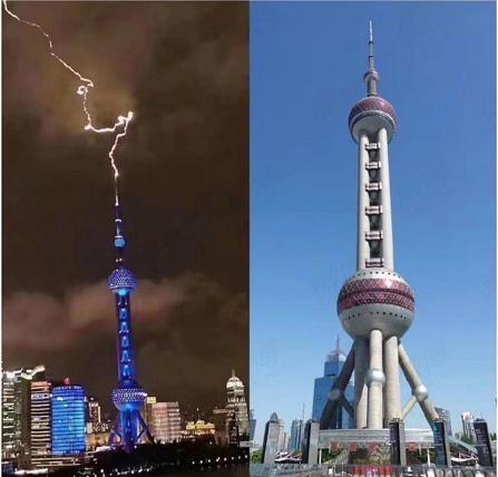 昨晚,上海东方明珠塔首当其冲被闪电击中.