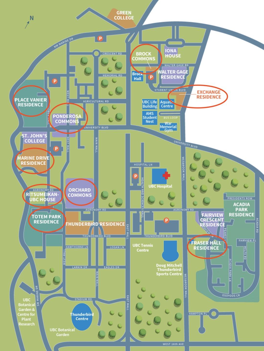 温哥华主校区主要有18个宿舍楼,并且可以通过网上查询每个地理位置