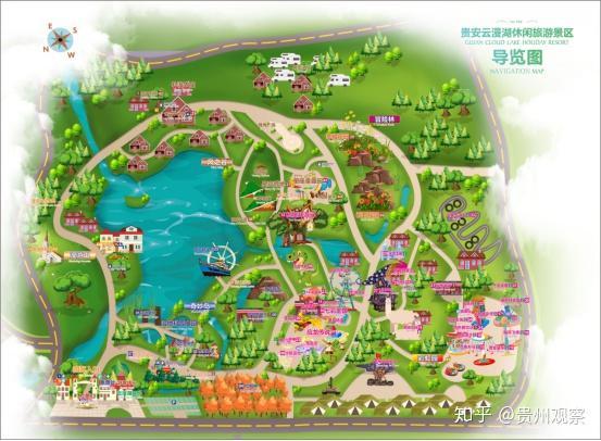 定向赛中的数个游戏点标围绕着云漫湖湖泊,穿过了由奇妙岛,彩虹园