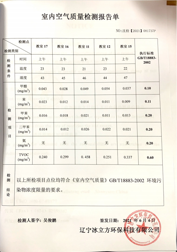 飞百发布锦州校区办公室空气质量检测报告出炉