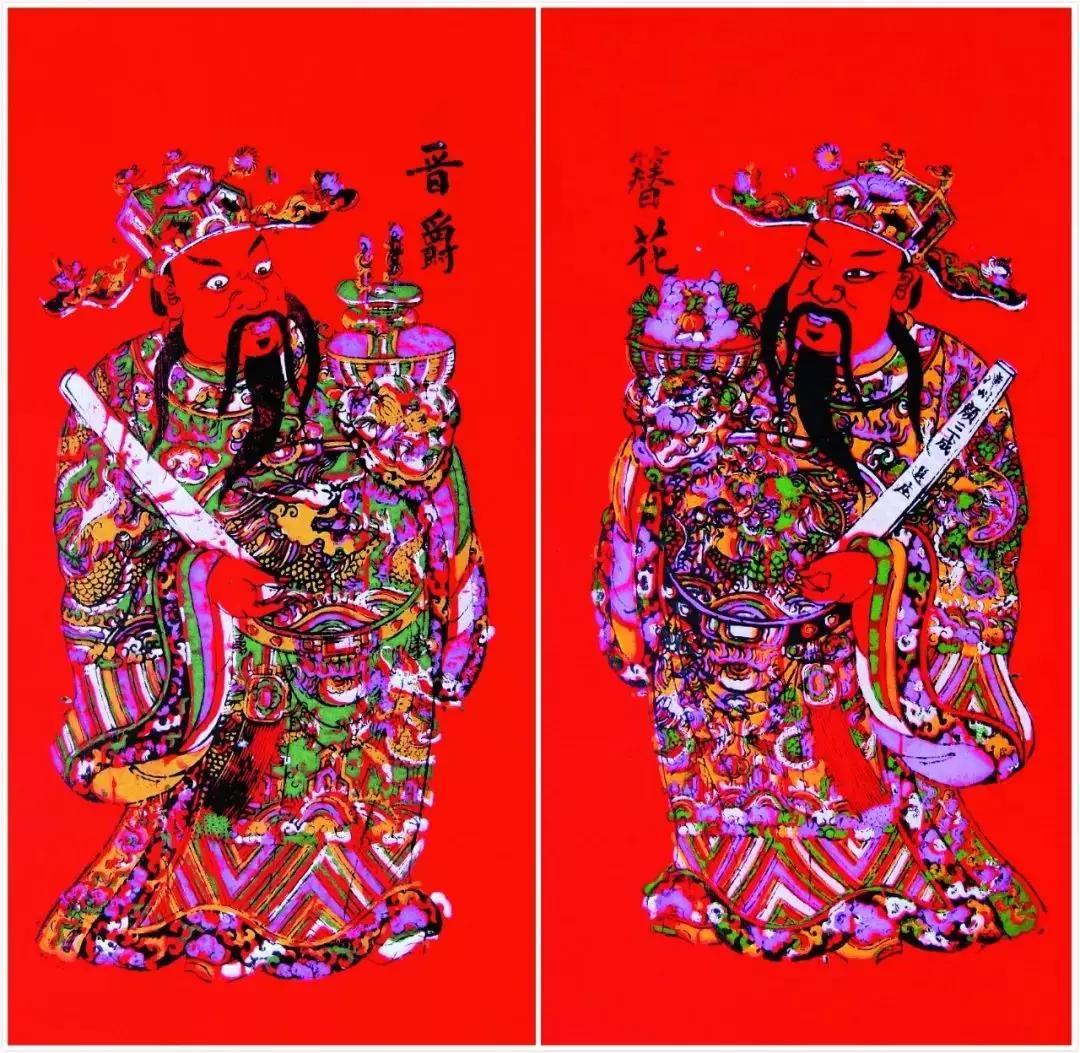 漳州年画《簪花进爵》此对文门神尺寸为同类中最大者,色彩绚丽,有力地