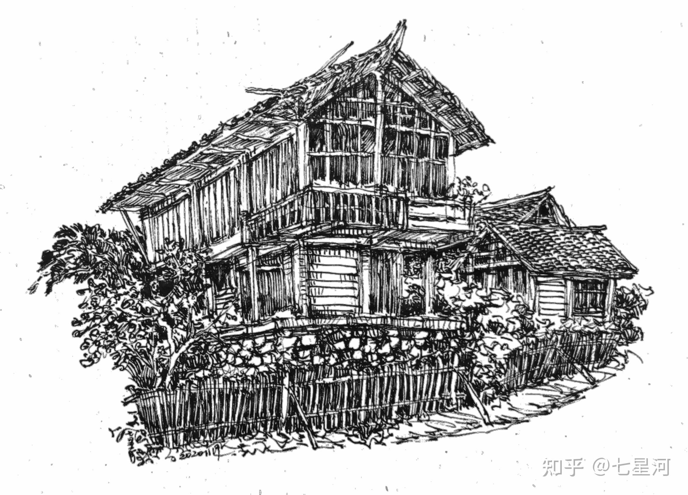 七星河钢笔画练习22「行走悦读」湘西建筑