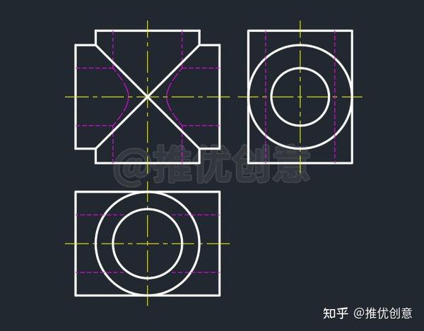 工程图学中两空心圆柱相交三视图怎么画?