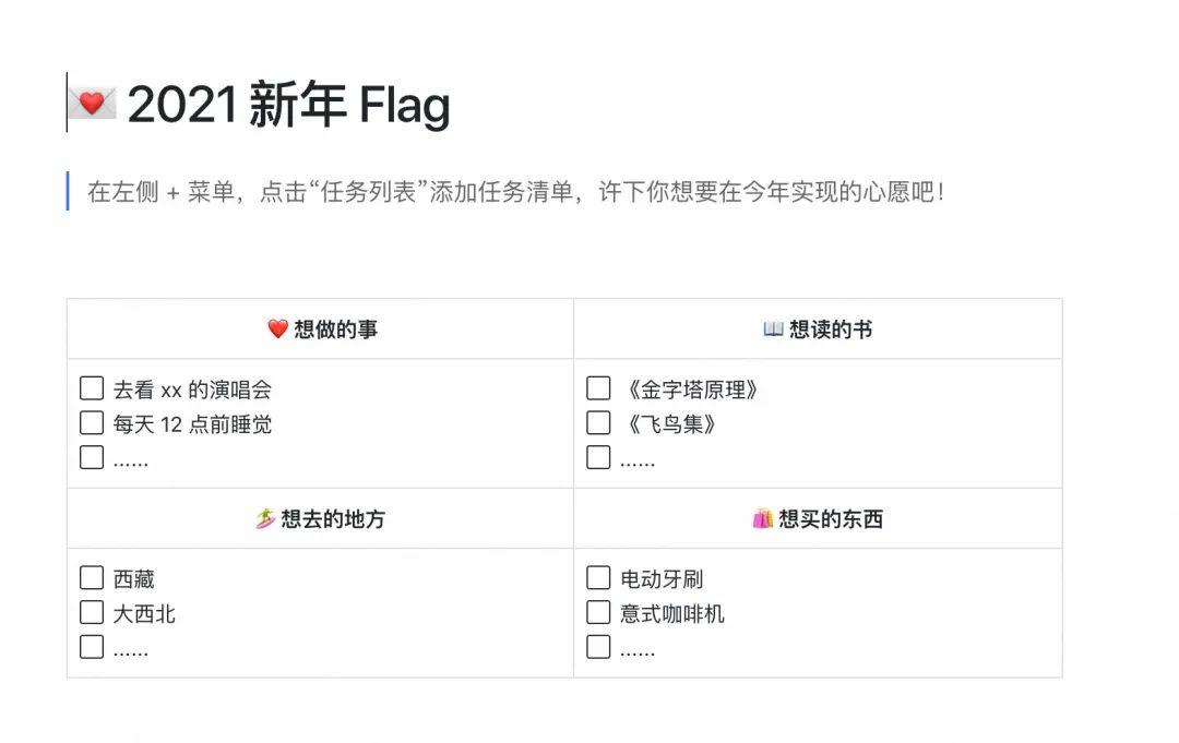 这款新年必备的flag模板,以任务列表的形式呈现,让你的flag更清晰