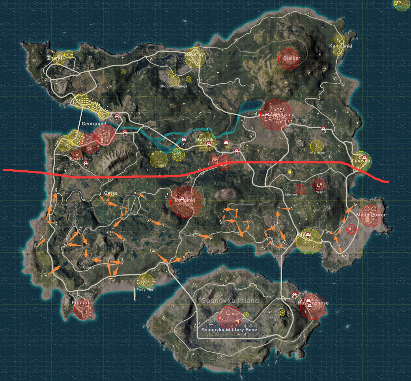 整张erangel地图其实有一个潜在的南北分界的,如图:地图上半部分都是