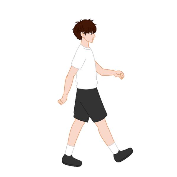 肩膀自然放松收小腹,双手轻轻握拳,手臂弯曲,配合步伐前后摆动摆动