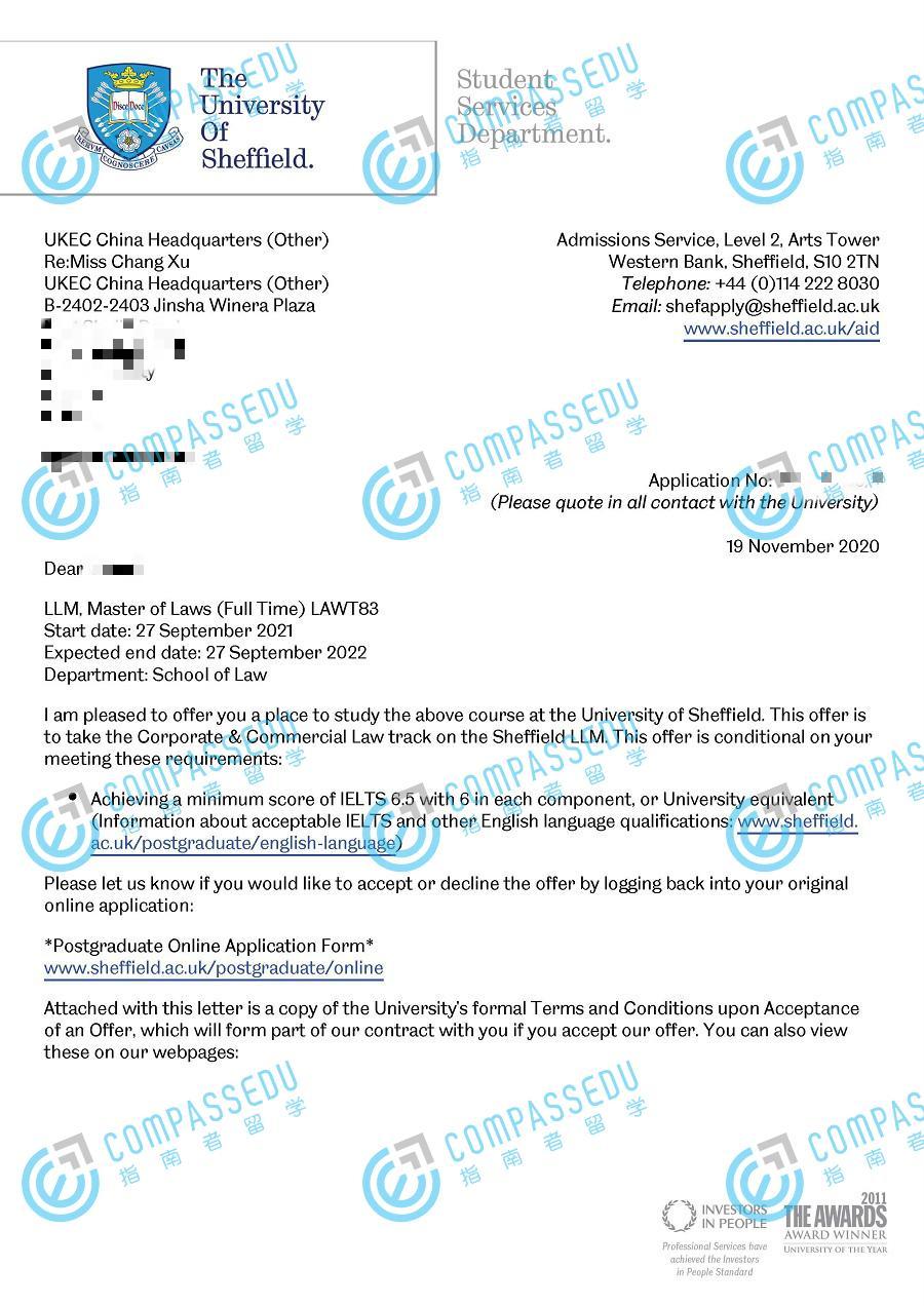 謝菲爾德大學公司法和商法法學碩士研究生學費世界排名錄取要求offer