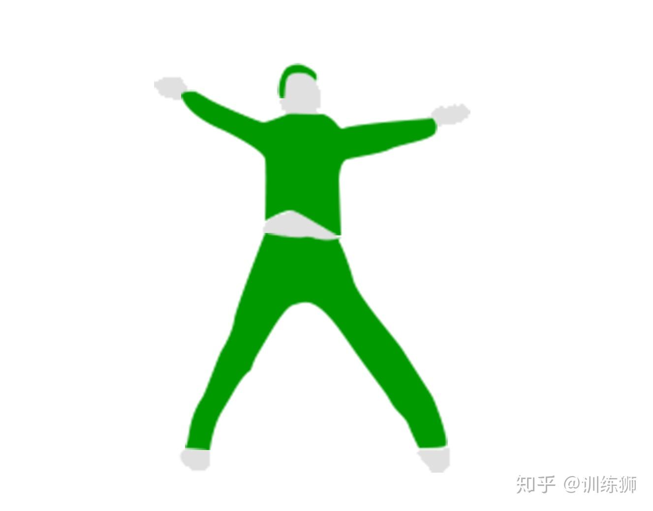 原地展腹跳:展腹跳主要练习空中展腹,注意身体协调,左脚向左跨出与肩