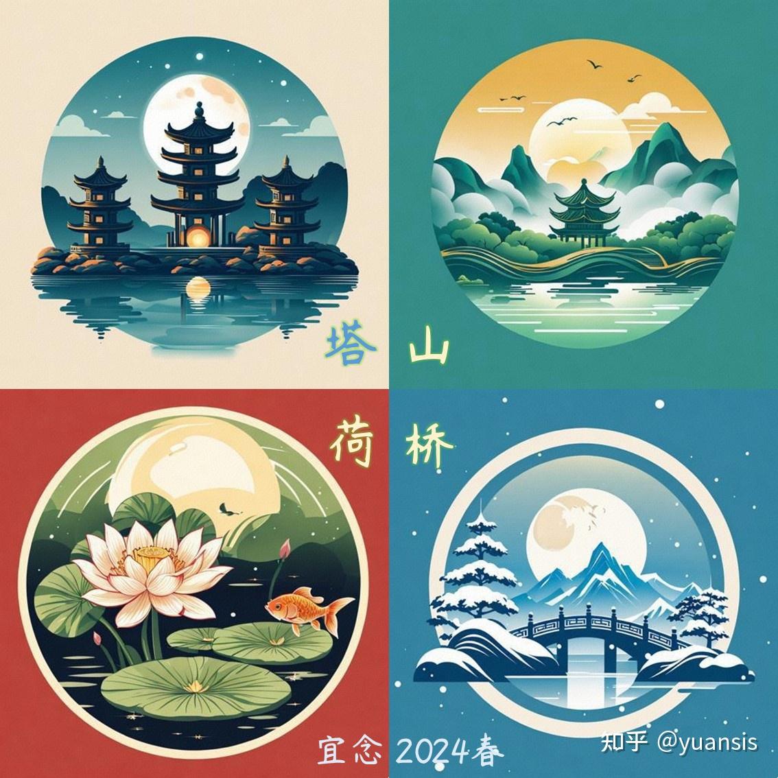 西湖十景:苏堤 柳荷 鱼钟,秋意 峰潭 夕雪……春夏 秋冬 ai插画