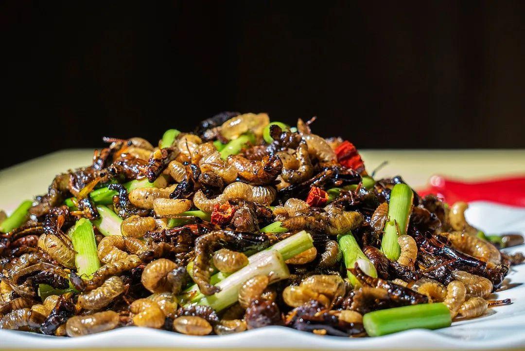 因这道菜是用当地河虫,麻虫,蝗虫,水爬虫,蜂蛹,土狗子,金蝉共七种食材