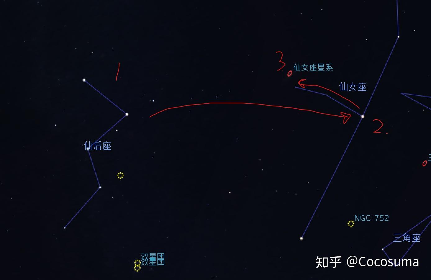 沿着两颗稍微暗一点的星星,很快就能看到仙女座星系了