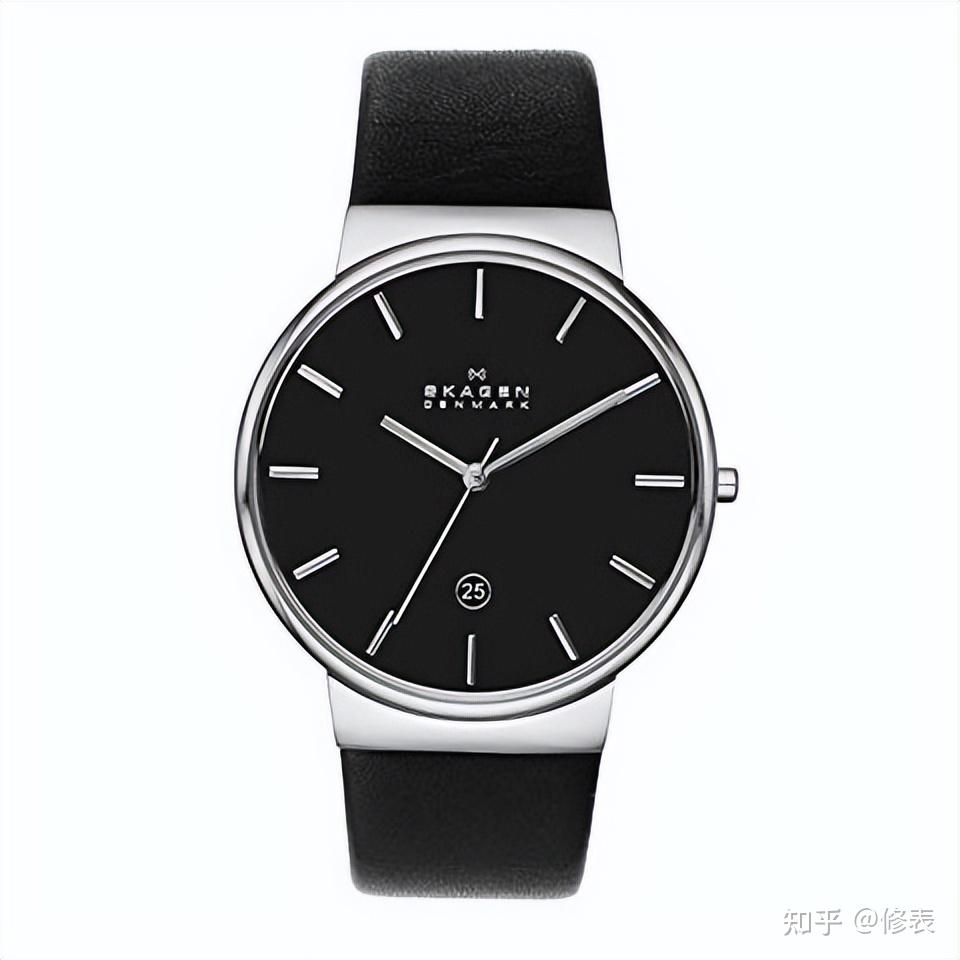 skagen 的黑色和银色手表是极简主义斯堪的纳维亚设计的缩影.