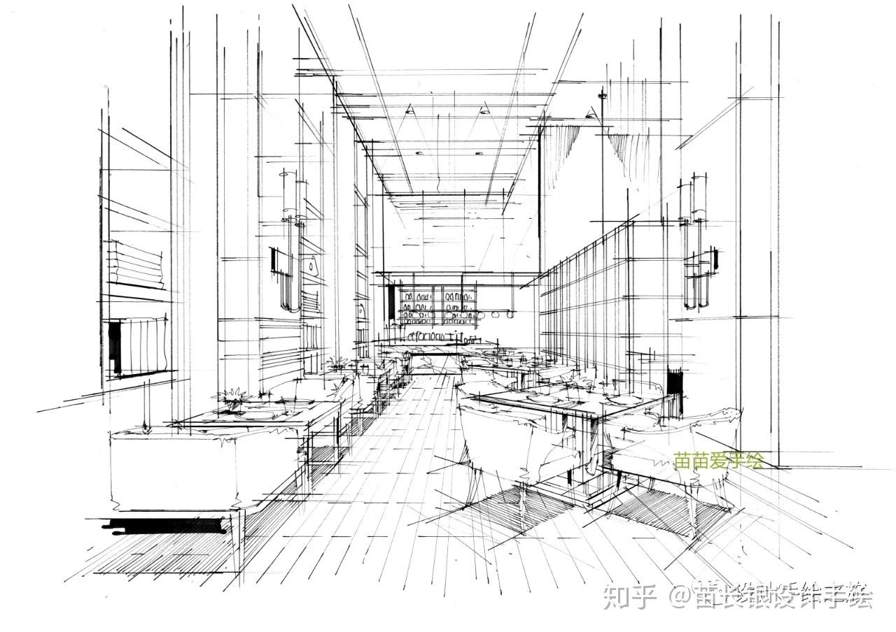 今天练习的空间是主题西餐饮空间公共就餐区,该空间为一点透视,整个