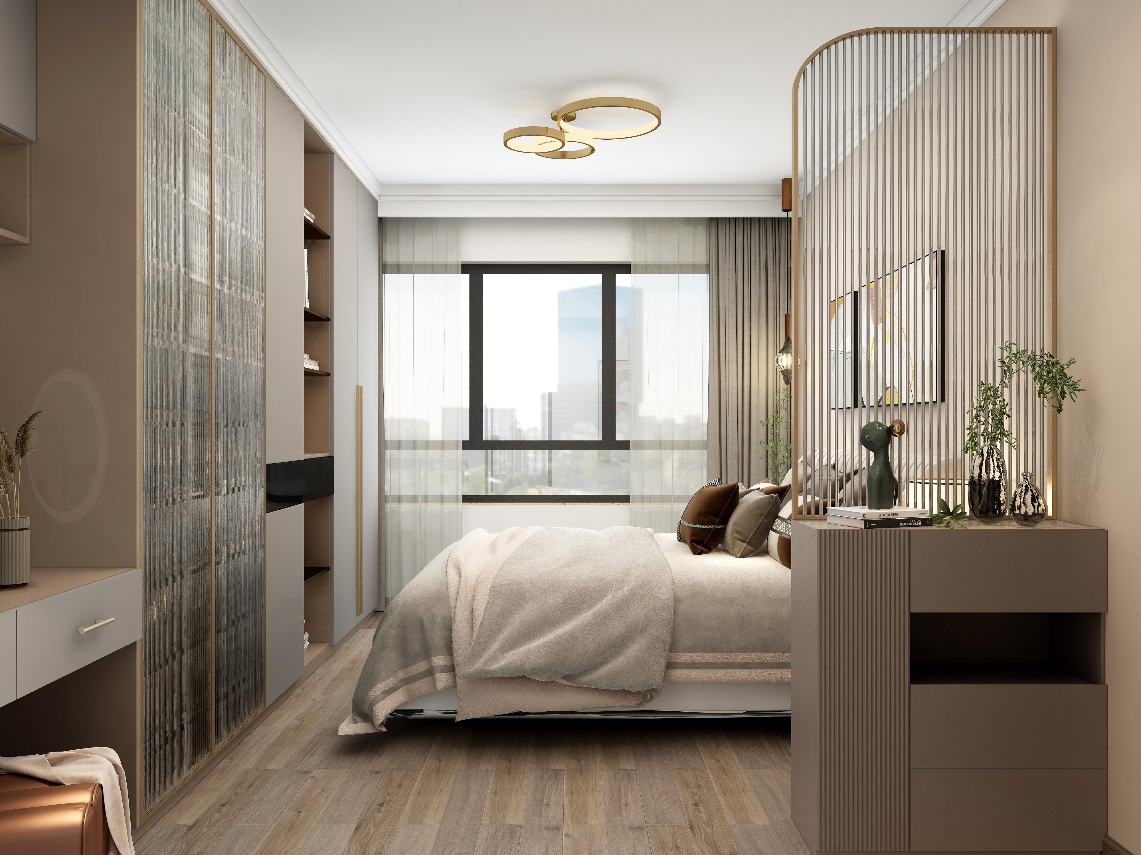 打造一个更为私密卧室空间;铁艺与玻璃的契合,延续了整屋的轻奢调