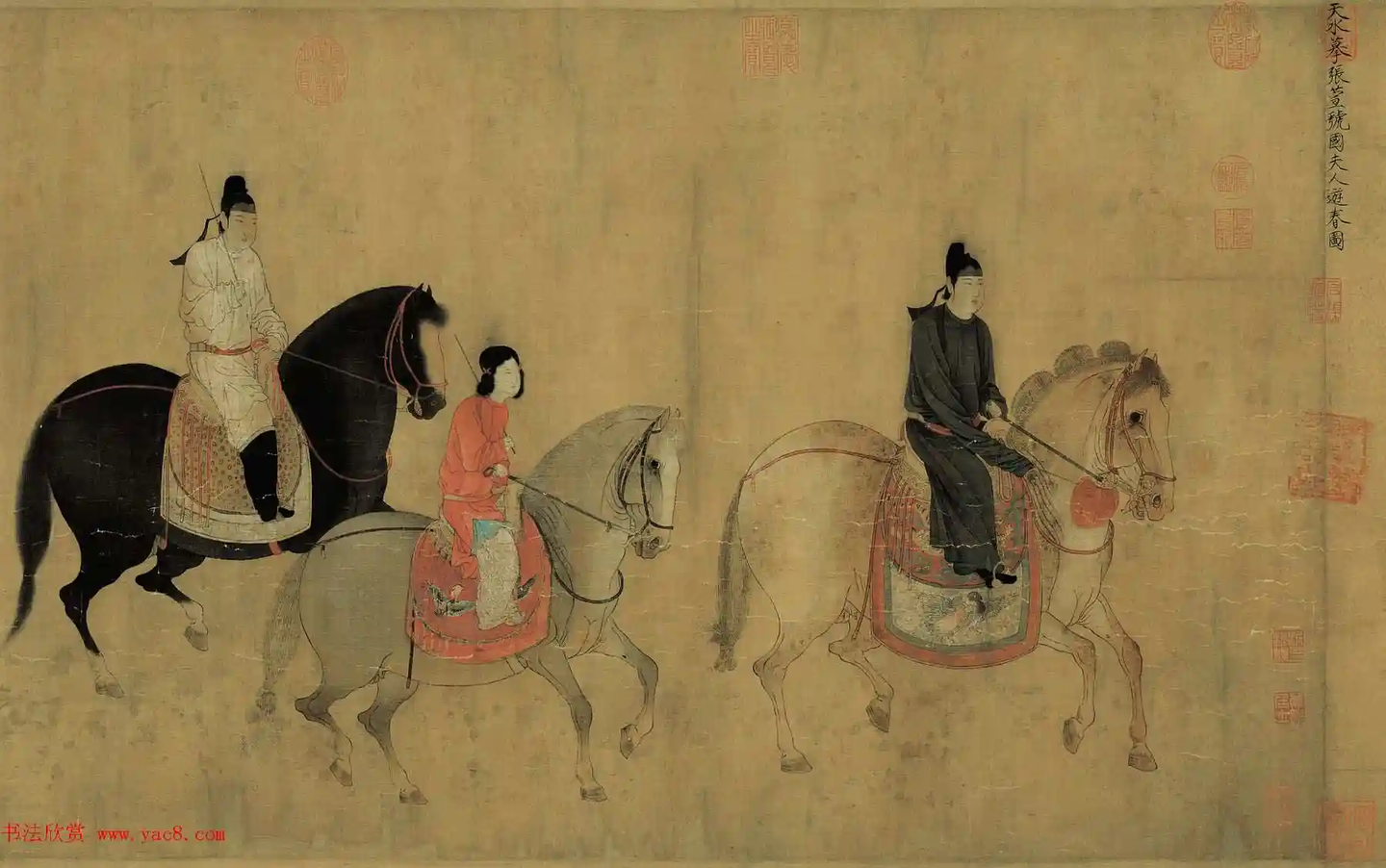 名画鉴赏】北宋佚名摹本-张萱《虢国夫人游春图》细节全记录（辽宁省