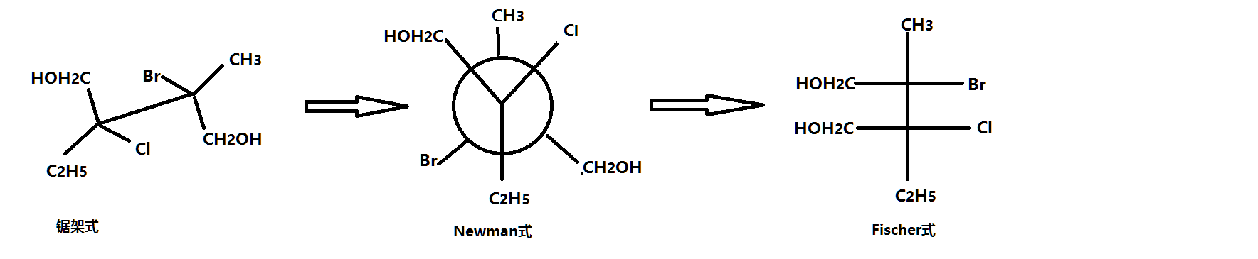 纽曼式,锯架式和费歇尔投影式怎么相互转化? - 知乎