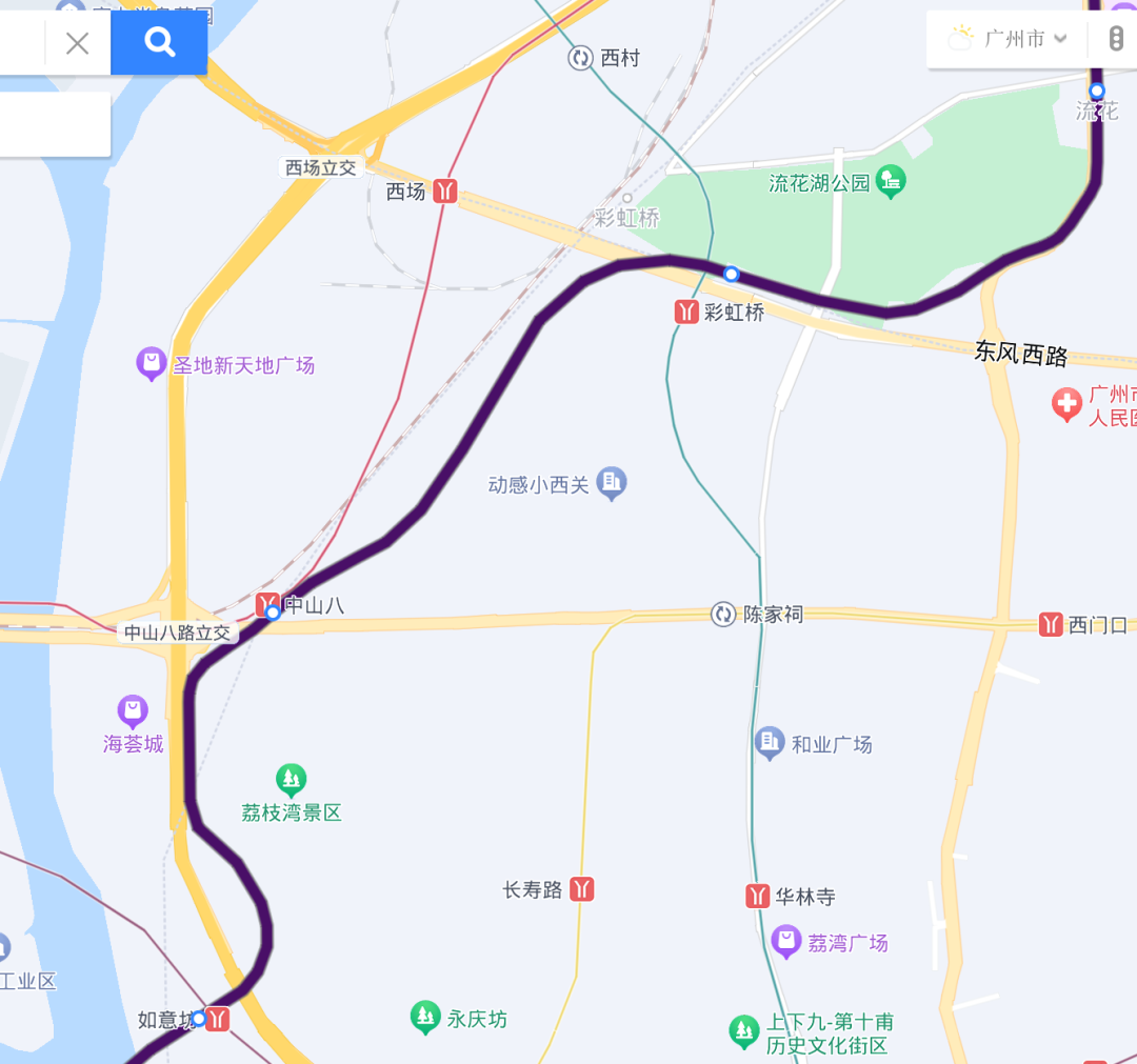 下穿黄沙大道后以一个s型的弯下穿荔湾湖公园,之后转向东北偏北,大致