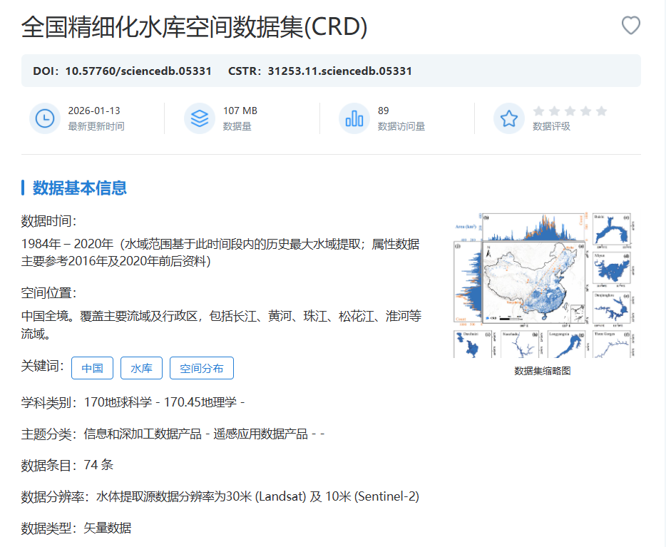 全国精细化水库空间数据集(CRD)在国家对地观测科学数据中心发布共享 - 知乎