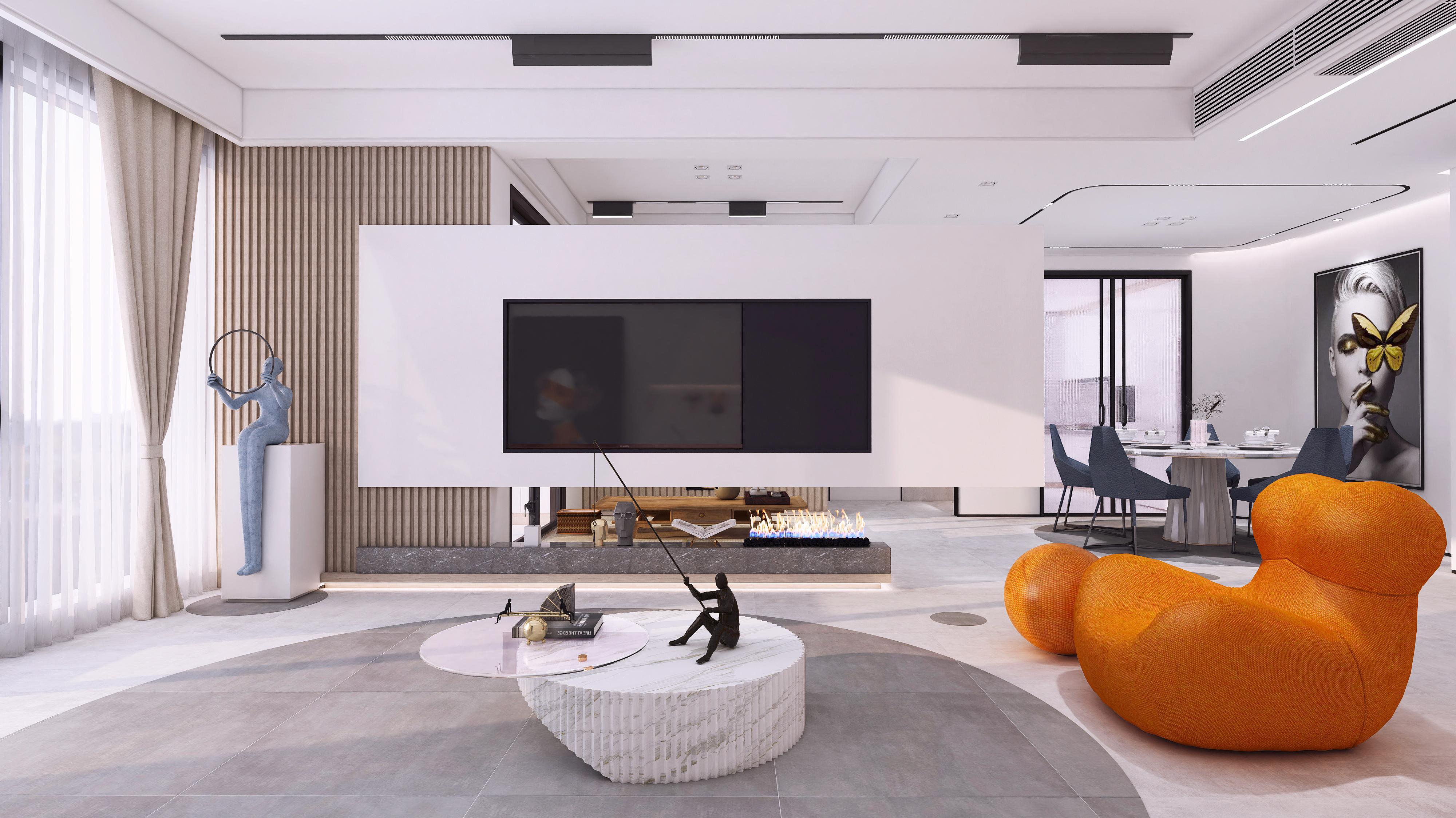 客厅是整个家庭的生活重心,开放,流动的手法糅合充足的采光.