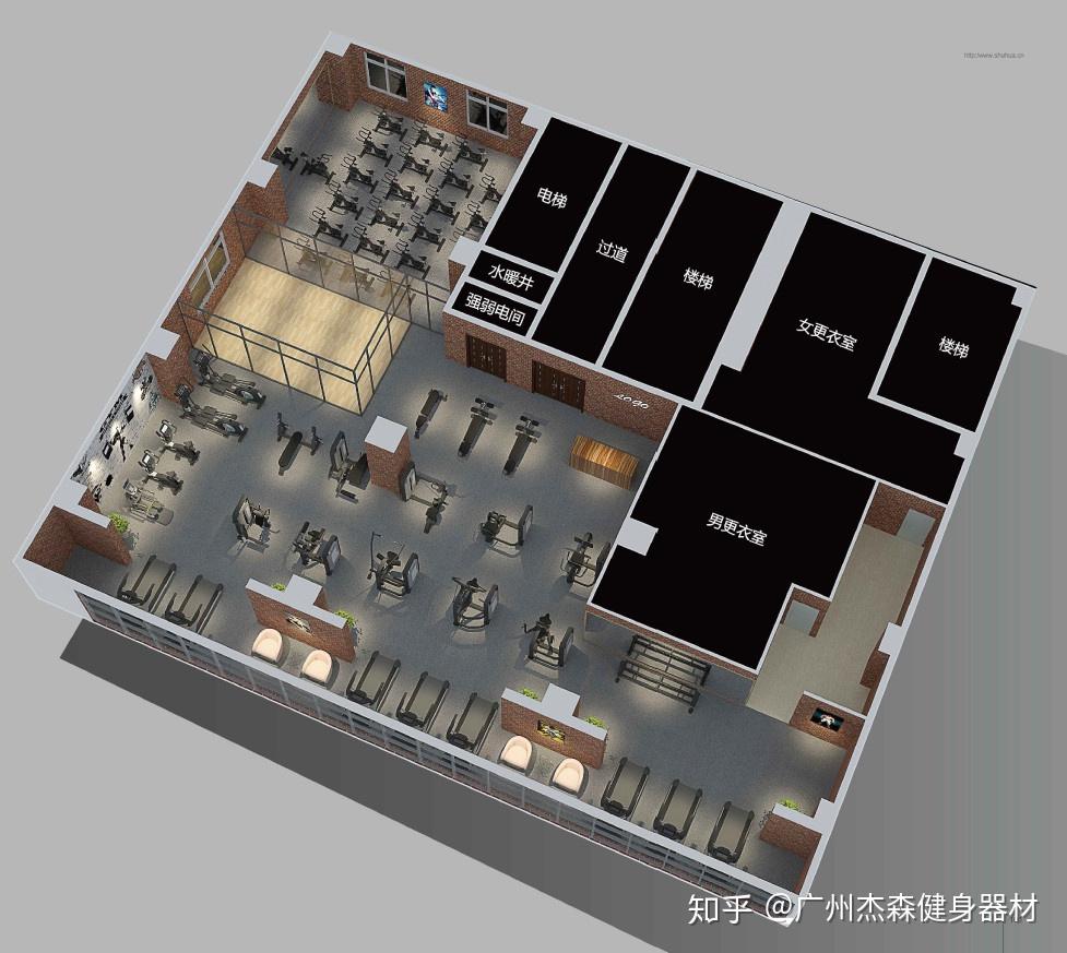根据健身房面积,健身器材配置方案等作出因地制宜的空间规划布局与