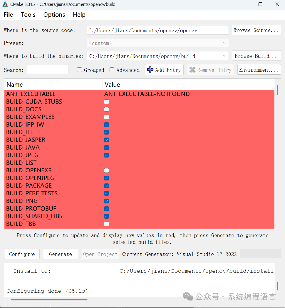  cmake visual studio opencv 
