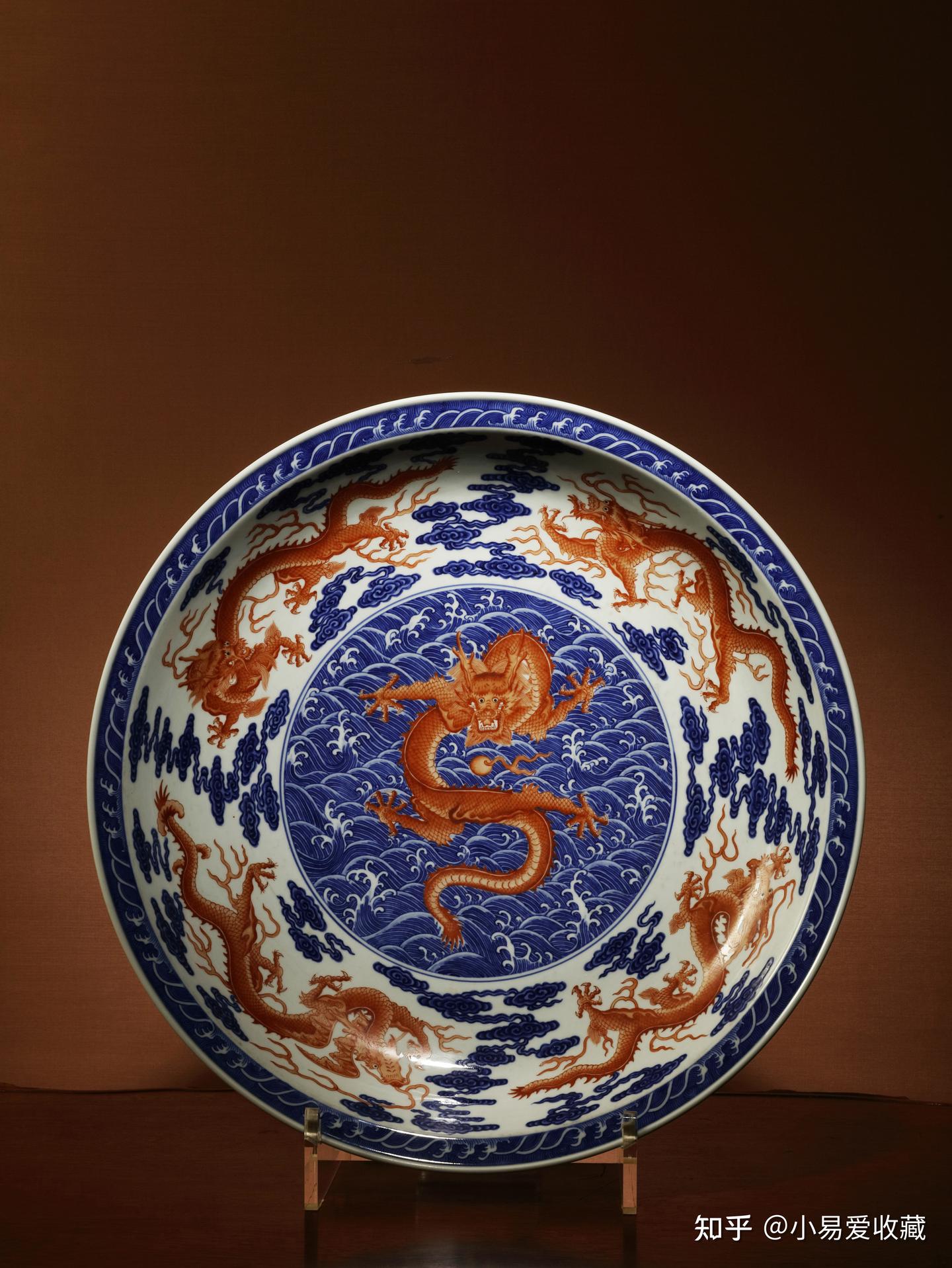 中国古美術清乾隆時代大清乾隆年製在銘染付海水赤龍紋大盤唐物(A-6)