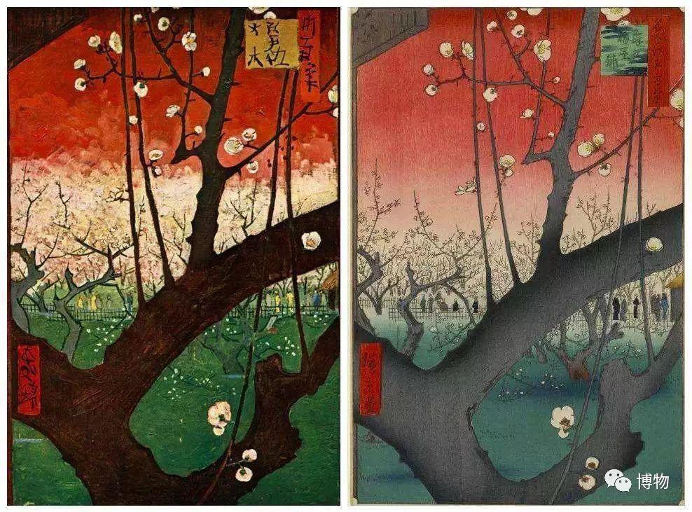 梵高的浮世绘临摹画《开花的梅园》(左),模仿了日本画家歌川广重的名