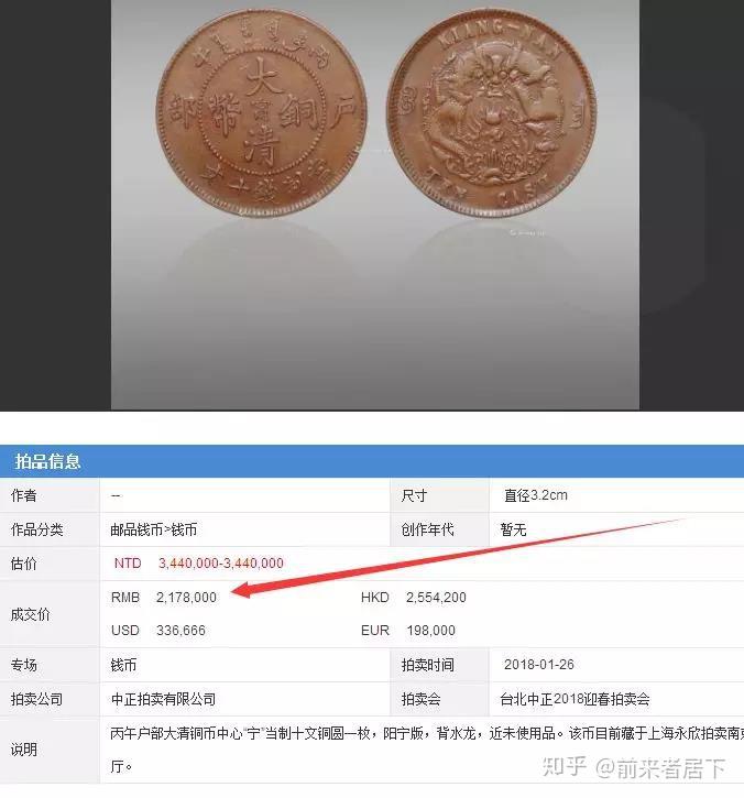 1,戶部大清銅幣十文(資料來源於雅昌藝術網):臺北中正春季拍賣成交