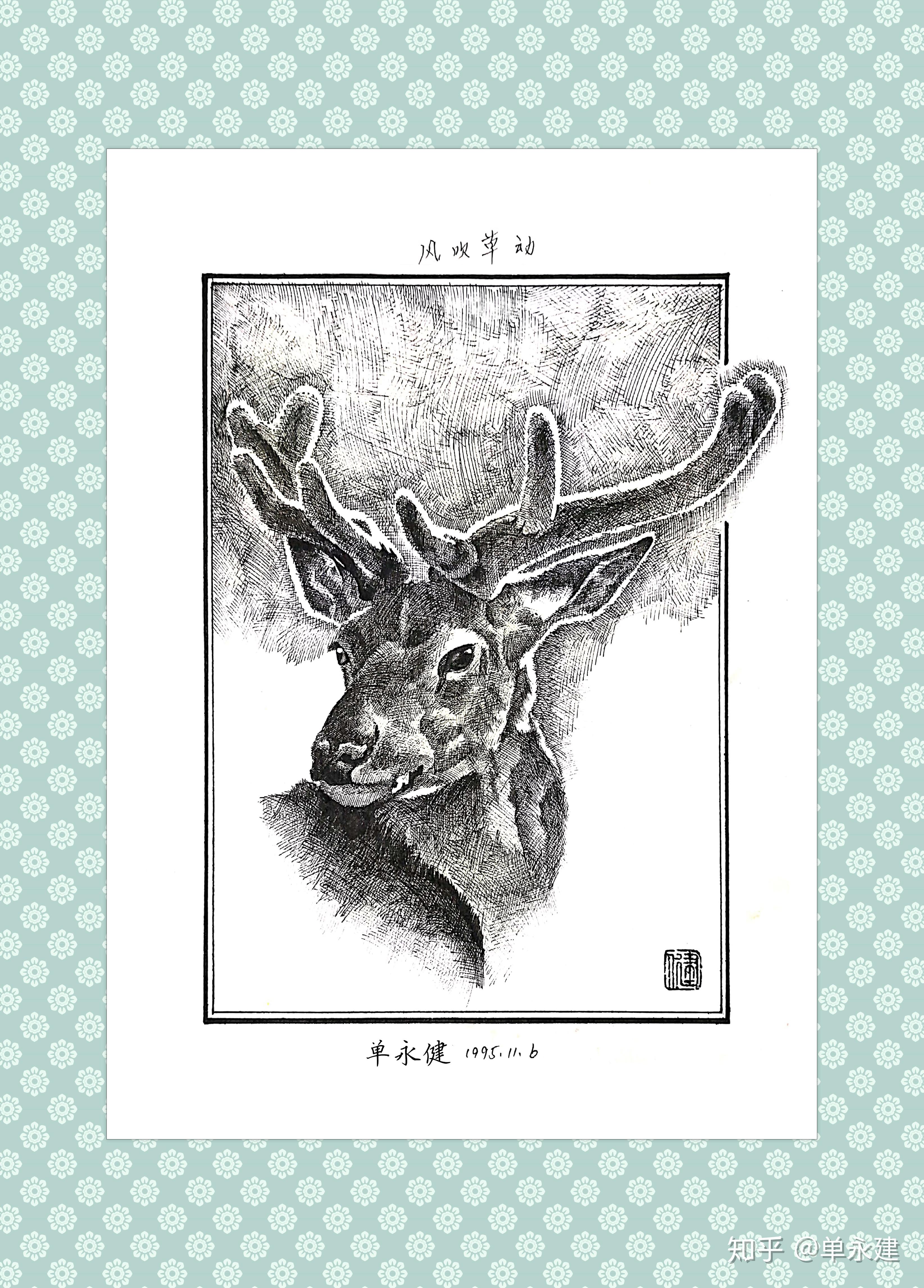 单永建画作1995年钢笔画风吹草动