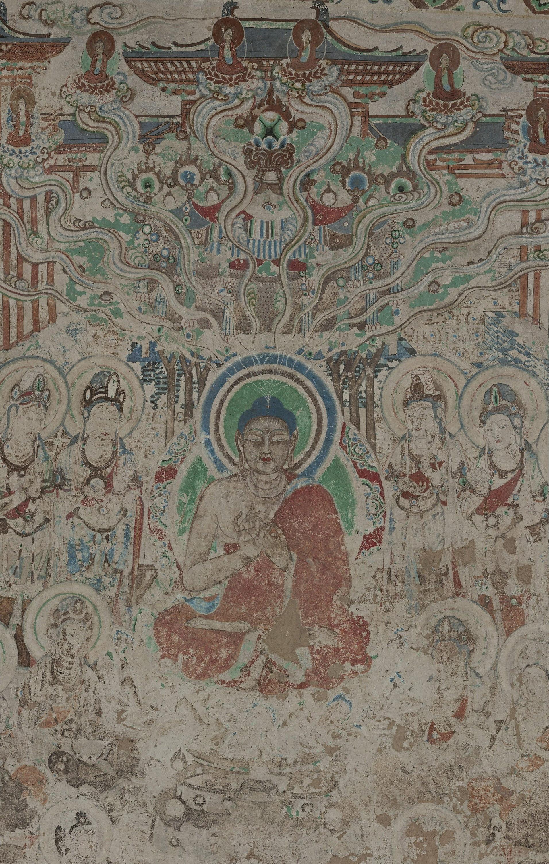 盛唐-敦煌103窟北壁-观无量寿经变(全铺)(左下是西壁龛侧彩塑)【2086x