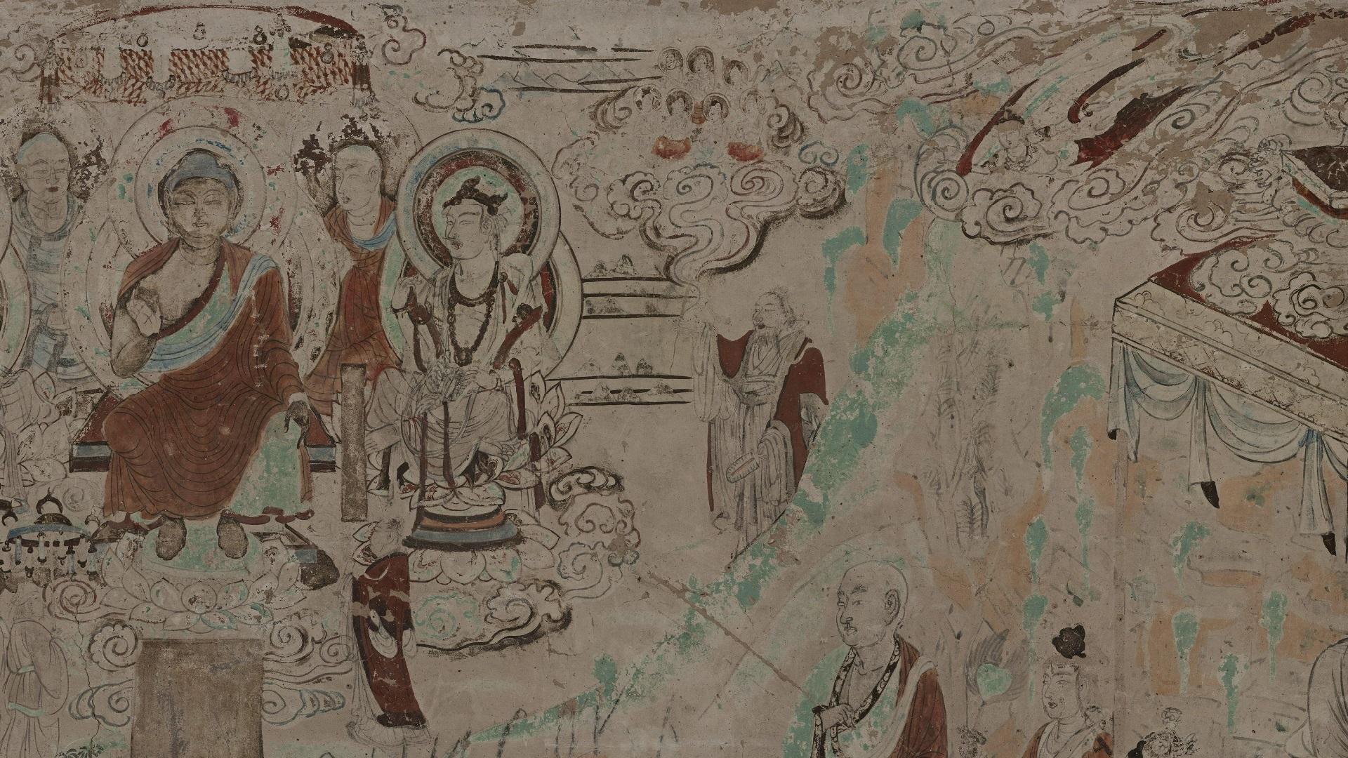 神游千年大美敦煌盛唐103窟线描至圣吴道子健朗风格的维摩诘青山佛旅