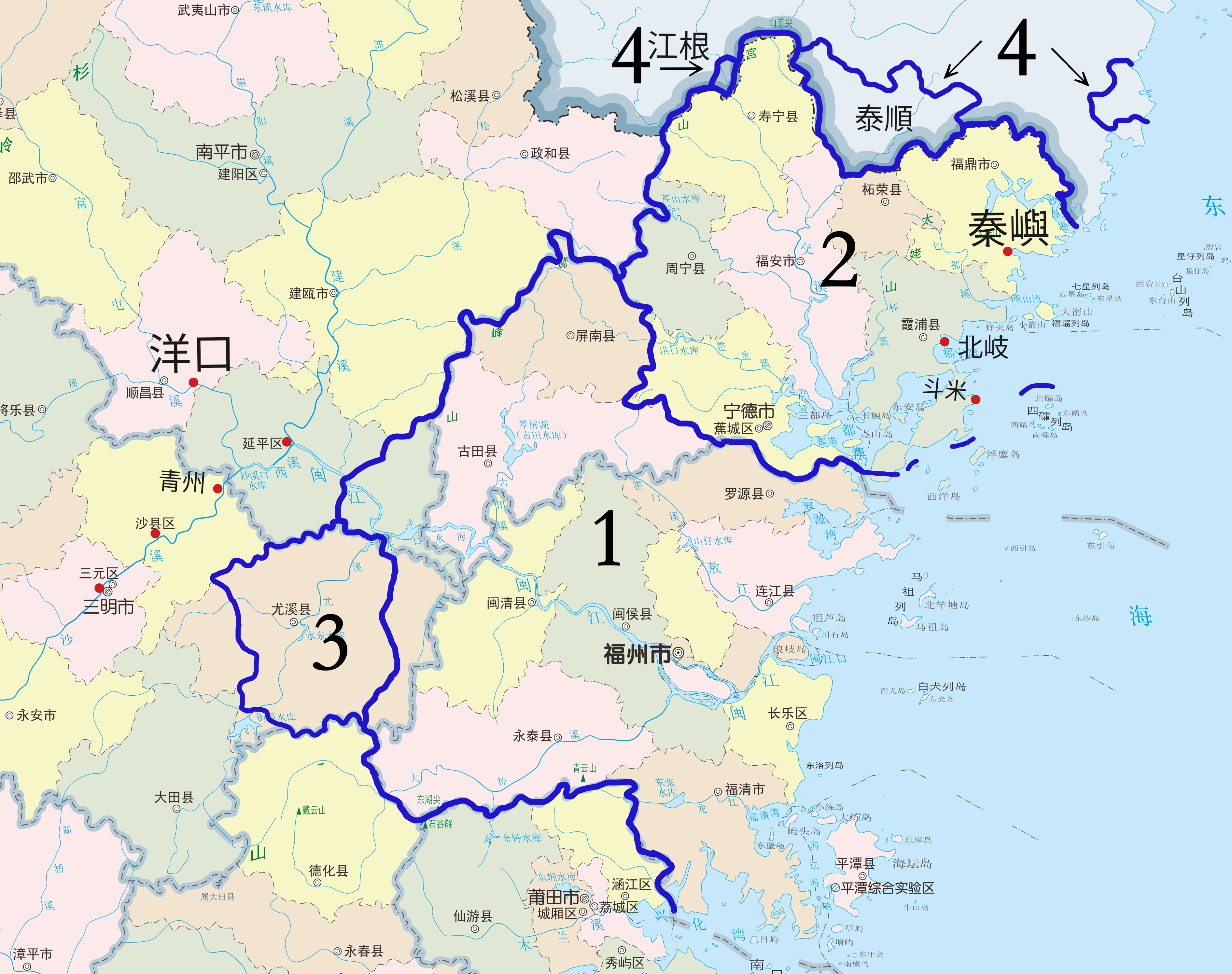 片:福州十邑,延平区东部,尤溪东部,福宁部分海岛及少数地点(红色点)
