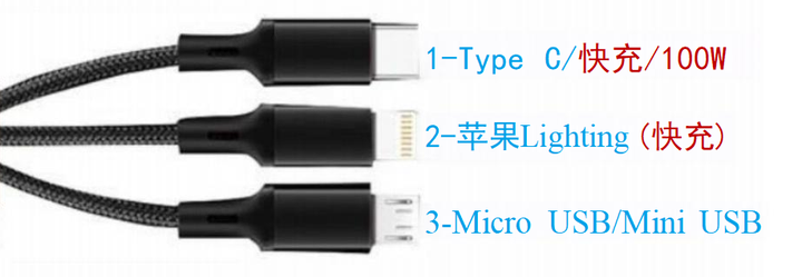 PD TYPE-C 100W(或USB-A)输入,一拖二三充电线或三