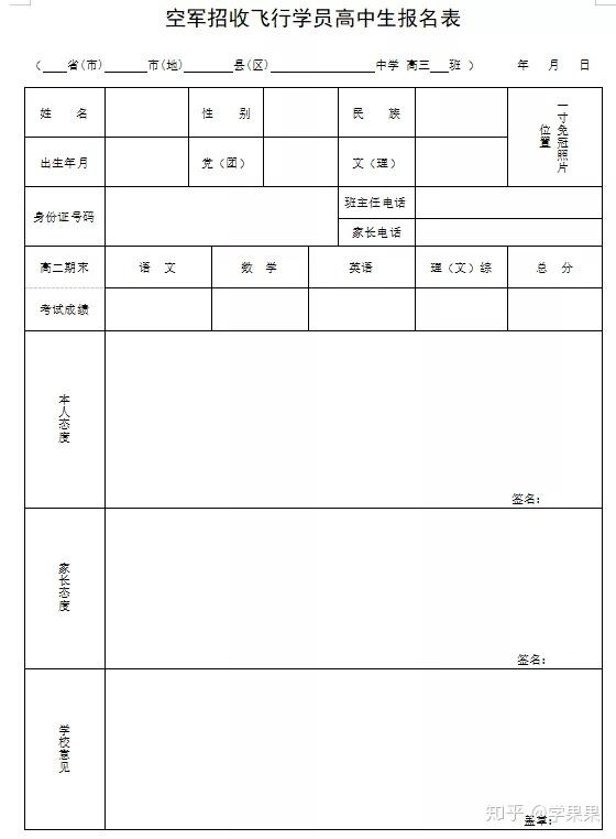 2020廣東空軍招飛報名表包括推薦定選名單,集中選拔,補充政治考核外調