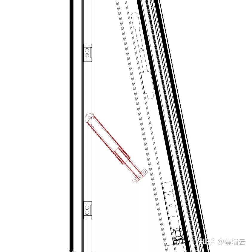 如下圖,掛鉤式幕牆開啟窗的左右兩側都裝有風撐,具有固定和起限位的