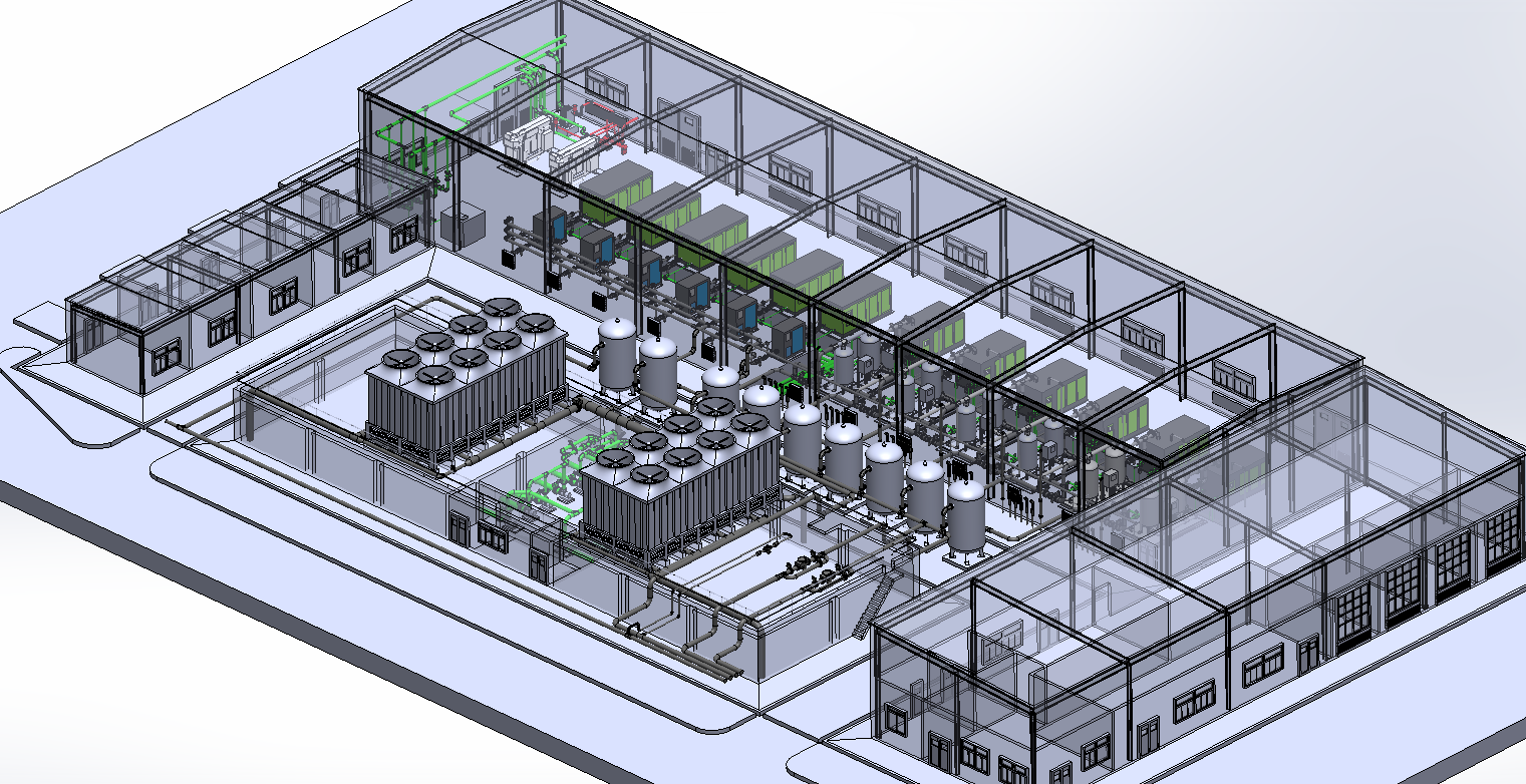 纺织厂压缩空气和冷却水管道三维模型图