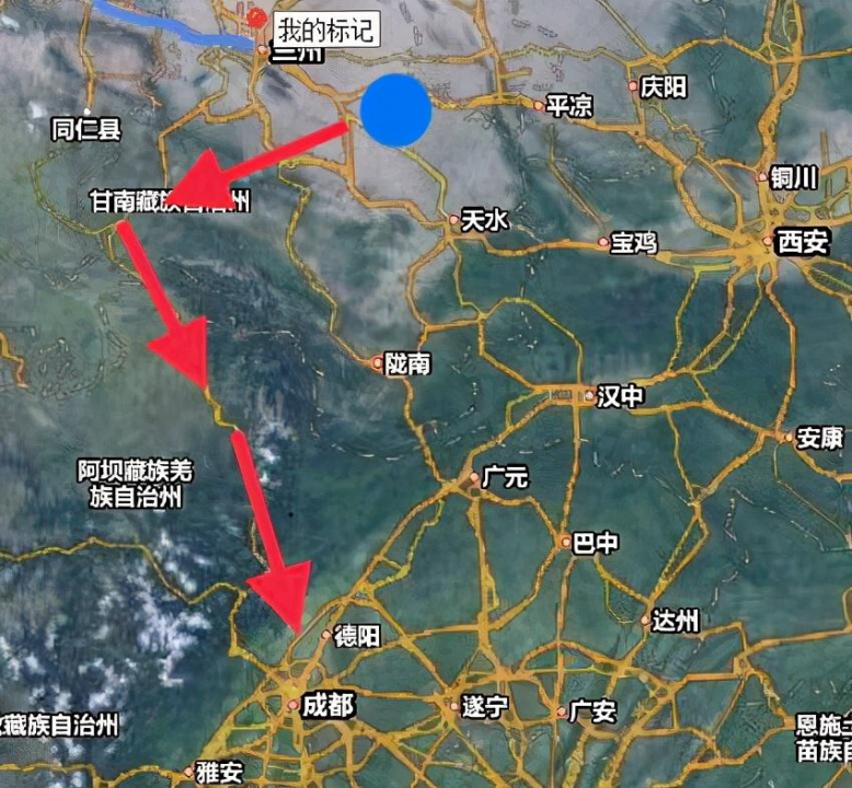 三星堆先人迁徙路线图,蓝点为马家窑文化分布区