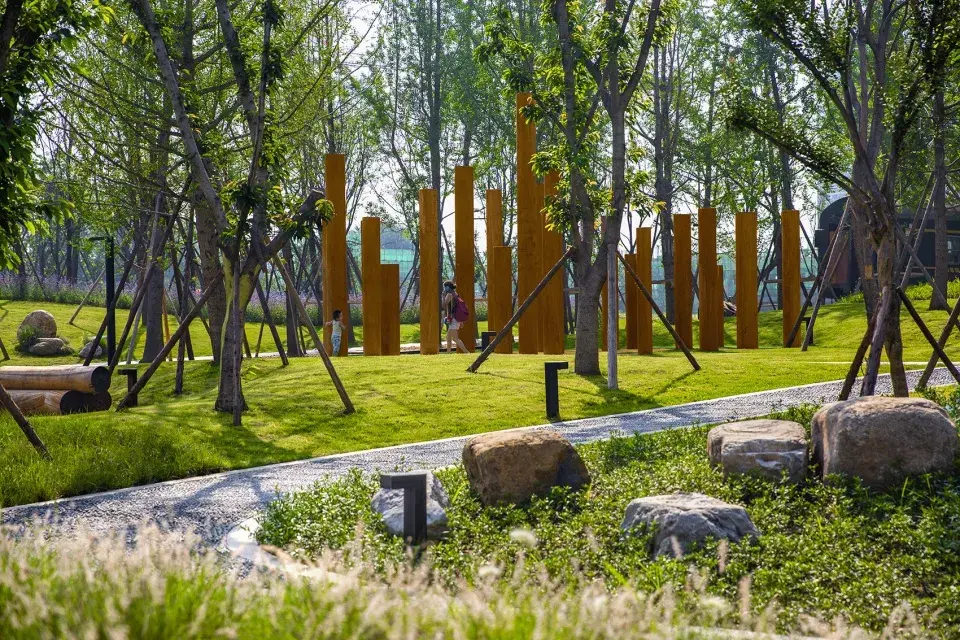 ▼木桩迷宫▼以木材文化为设计主题▼特色铁轨▼南入口年轮广场▼北