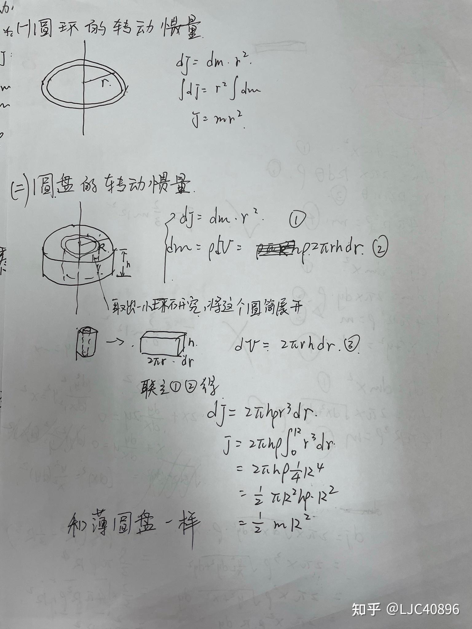 如何推导常用刚体的转动惯量圆环圆盘球体球壳圆柱体详细过程