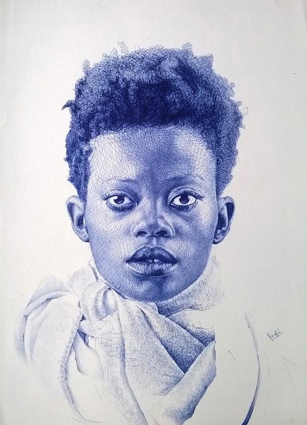 非洲艺术家enambosokah圆珠笔人物肖像画作品欣赏