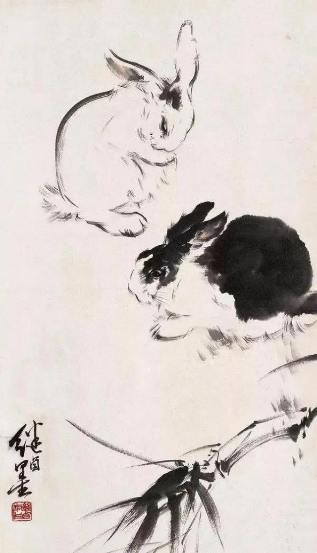 国画里的一组可爱小兔子