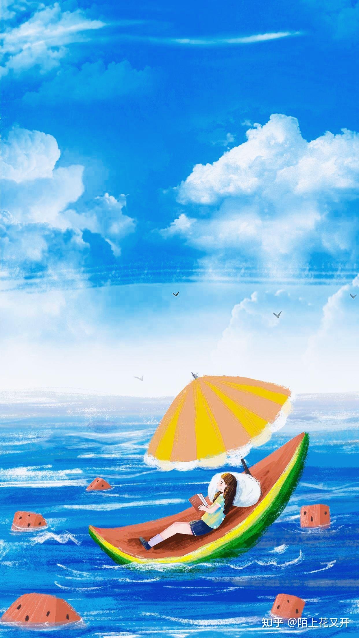 小暑节气国潮风|小清新海报背景图|蓝色治愈手机壁纸|夏天插画海报