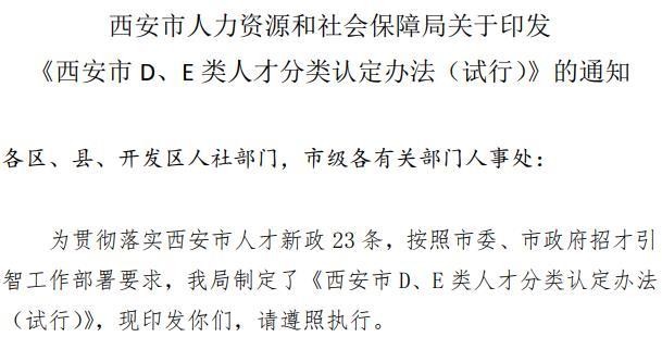 西安市d,e类人才分类认定办法(试行》文件要求可知,西安市e类人才为